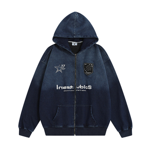 INSstudios 国潮牌情侣美式渐变水洗牛仔连帽卫衣加绒开衫外套男