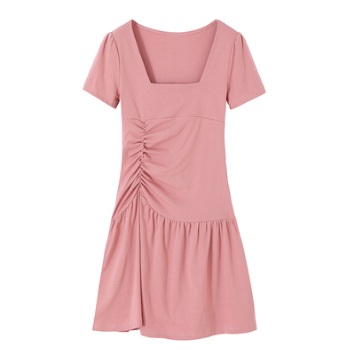 赫本风洋气方领抽褶收腰设计裙子