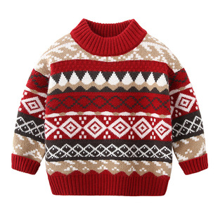 男童圆领毛衣加绒加厚2026冬季中大童儿童保暖毛衣红色新年服8679