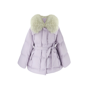 SYT自制 纯色休闲风狐狸毛长袖大翻领绑带收腰中长款保暖羽绒服女