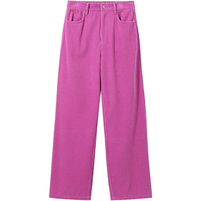 有兰树莓粉灯芯绒直筒休闲裤