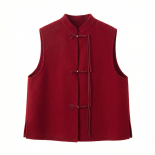 新中式国风复古双面羊毛马甲毛呢外套女立领高级感