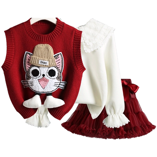 女宝宝马甲纱裙三件套红色年服2026秋冬女童针织背心tutu裙子套装
