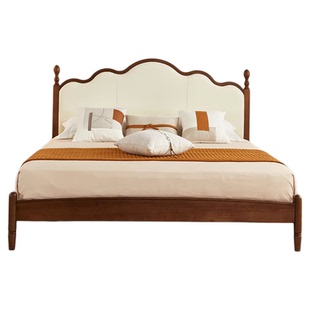 顾家家居胡桃木中古风全实木床主卧猫抓皮软包1米8床双人高端大床