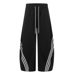 COLDSTONE 美式复古街头三条杠阔腿弯刀卫裤宽松条纹运动裤秋冬