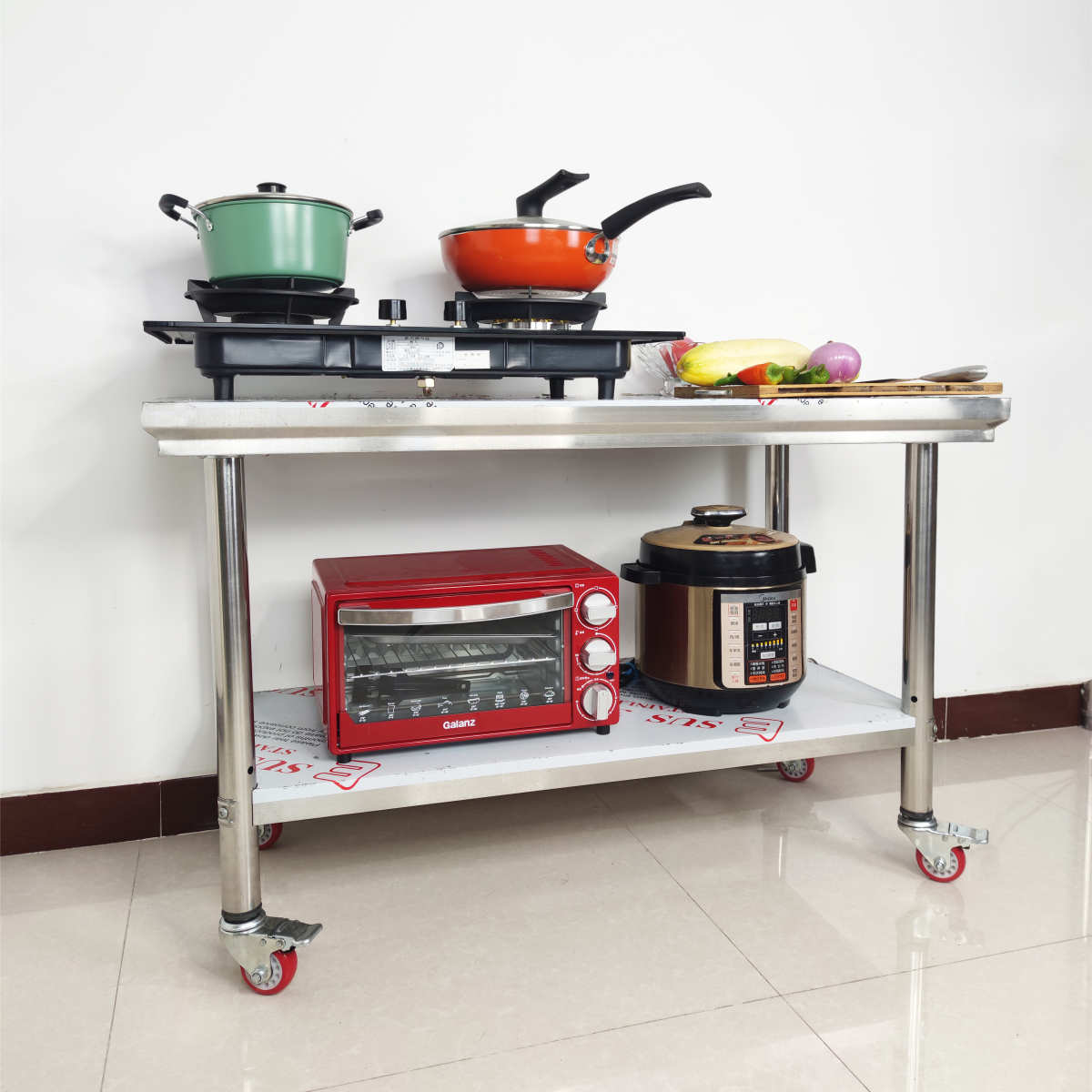 2层加厚带轮子可移动工作台面不锈钢置物架小推车灶台架厨房桌子