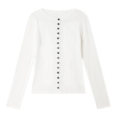 姜雯 镂空层次感修身针织开衫女秋季小众设计感白色圆领长袖上衣