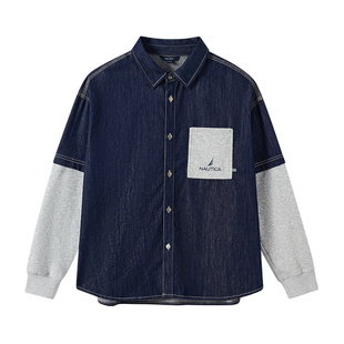 NAUTICA/诺帝卡童装男童女童假两件牛仔衬衫外套春秋儿童美式复古