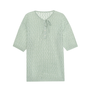 SAME FLOW  薄荷绿清新夏日波浪纹镂空轻薄透气绑带polo罩衫上衣