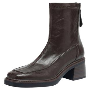 星期六短靴女2025新款高跟马丁女靴方头粗跟瘦瘦靴子冬季加绒皮靴