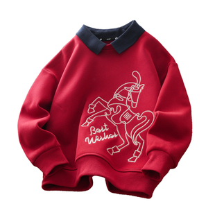 男女童红色加绒卫衣儿童新年喜庆polo衫2026新款中大童拜年服冬装