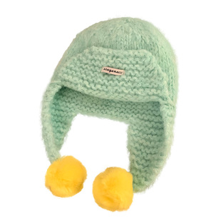 薄荷绿色针织毛球马海毛护耳帽女秋冬季显脸小毛线帽保暖雷锋帽子