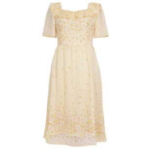 大码女装中长薄款2026夏季微胖MM显瘦减龄荷叶方领淡黄碎花连衣裙