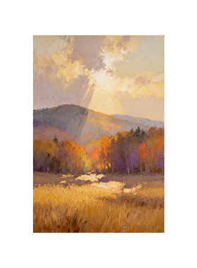 可班手绘油画秋日山景玄关装饰画