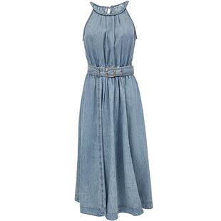 ONLY2025夏季新款天丝编织挂脖领口立体裁剪长裙牛仔连衣裙女