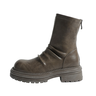 真皮~骄屿复古褶皱堆堆短靴女2025新款粗跟厚底马丁靴弹力瘦瘦靴