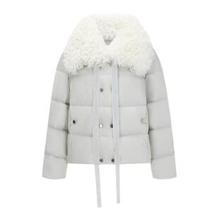 CISSONNE赛颂90白鹅绒羊毛卷大翻领尼龙清新别致短款羽绒服