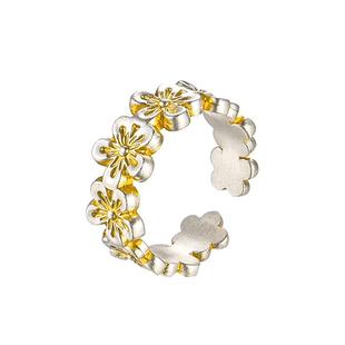 九乐足银999银戒指女描金繁花花朵戒指新中式国风纯银戒指送女友