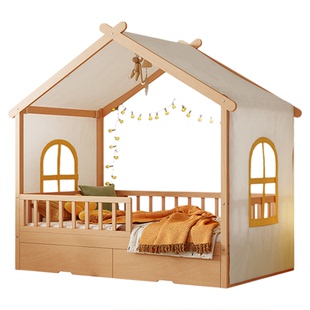 全实木儿童床女孩公主床小床带拖床护栏家用宝宝单人床男孩树屋床