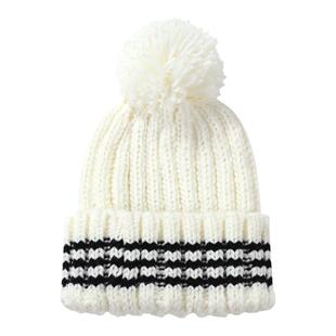 芝士商店~韩系条纹毛球毛线帽女冬季白色防寒保暖帽子针织冷帽ins