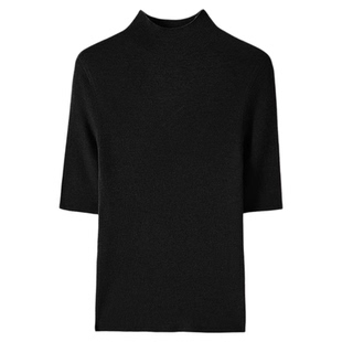 高级感气质黑色半高领打底衫正肩短袖女早秋修身显瘦中袖内搭上衣