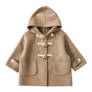 幼悠冬季儿童可拆领档双面毛呢大衣男童牛角扣呢子连帽防风外套潮