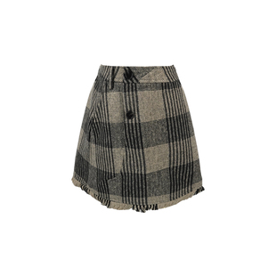 aaaaxbbb 莫尔的早安信 格纹毛呢半身裙手工拉须不对称设计长裙