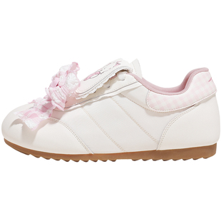 TTKJ翻盖皮质德训鞋女鞋mikko联名款粉色蝴蝶结配裙子鞋子小白鞋