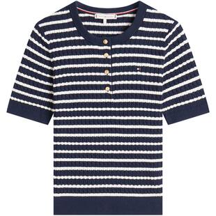 Tommy26春夏新款女装纯棉轻薄绞花金属扣圆领半襟麻花短袖针织衫