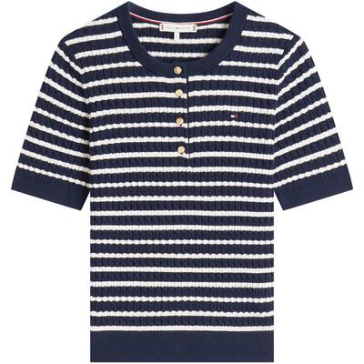 Tommy女纯棉绞花圆领半襟针织衫