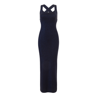 亮丝简约方领后背交叉吊带连衣裙