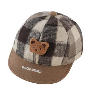 婴儿帽子秋冬季男宝宝潮流小熊鸭舌帽保暖韩版小童格子软檐棒球帽