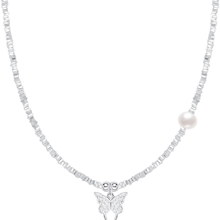 潮宏基闪耀银河s925银珍珠项链银饰蝴蝶碎银子ins风生日小*书