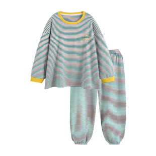 简约条纹笑脸睡衣女春秋纯棉长袖束口裤套装日系可外穿时尚家居服