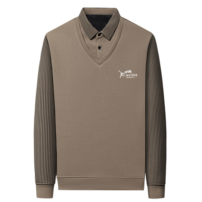 冬季中老年加绒加厚保暖内衣男士假两件长袖t恤polo衫爸爸装上衣