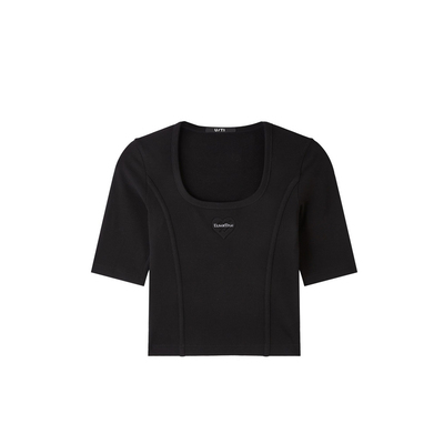 U/TI黑色螺纹弹力方领T恤女装 百搭修身长袖上衣尤缇2025春季新款