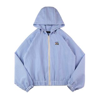 马登蓝白条纹海边度假风夹克浅春系泡泡条衬衫外套早春慵懒上衣女