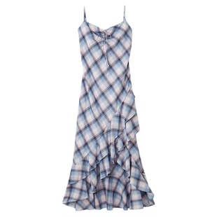 SNIDEL2025秋冬新品不规则荷叶边下摆格纹吊带连衣裙SWFO254180