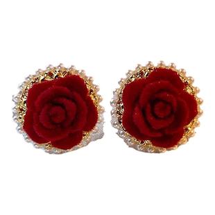 红色花朵珍珠耳钉女轻奢高级感气质耳环新款2026爆款新年喜庆耳饰