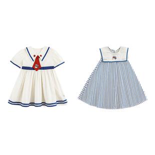 幼悠 女童夏季巡海梦想家撞色织带海军刺绣连衣裙/蓝白条纹背心裙