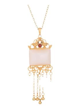 中国风旗袍汉服配饰古法金工艺仿和田玉复古装宫廷气质流苏女项链