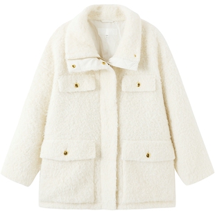 URLAZH有兰冬季新款气质简约白色宽松绵羊毛呢绒绒大衣外套女