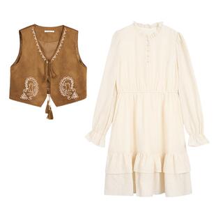 【莱赛尔+羊毛】紫涵连衣裙麂皮绒马甲两件套装女2026年春季新款