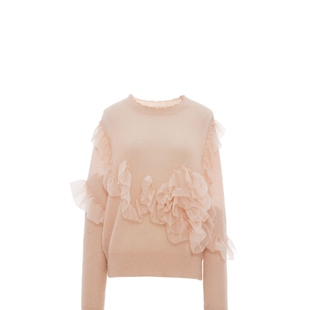 COCOON商场同款时尚毛衫圆领长袖浪漫荷叶边套头针织衫春款