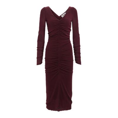 DVF酒红色弹力网纱长袖连衣裙