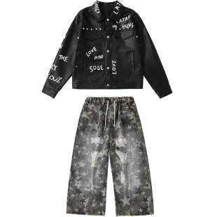 街舞儿童潮服男童酷帅皮夹克迷彩裤嘻哈hiphop舞蹈服架子鼓演出服