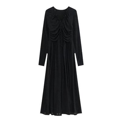 AZure绒面蕾丝连衣裙V领打褶收腰长裙气质抽绳长袖气质百搭显瘦裙