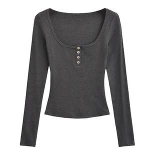 怪力酱 早春正肩辣妹长袖t恤女修身u领针织气质百搭小上衣打底衫