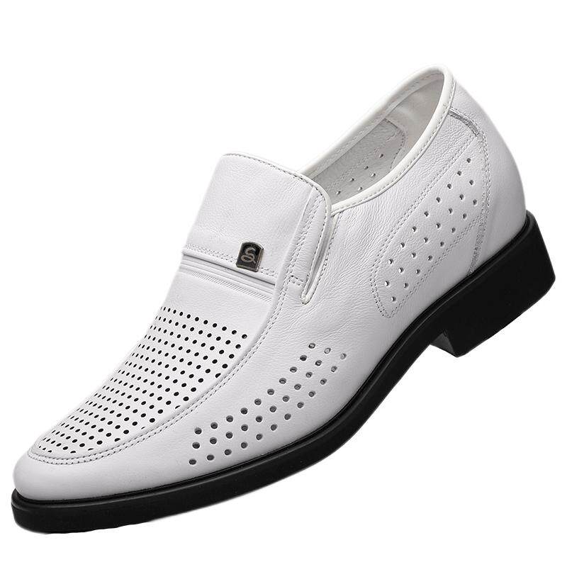 夏季增高鞋商务休闲内增高凉鞋男士8cm白色皮鞋正装男鞋透气镂空