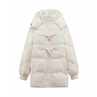 连帽牛角扣白鸭绒羽绒服女冬装大码胖mm200斤中长款气质保暖外套